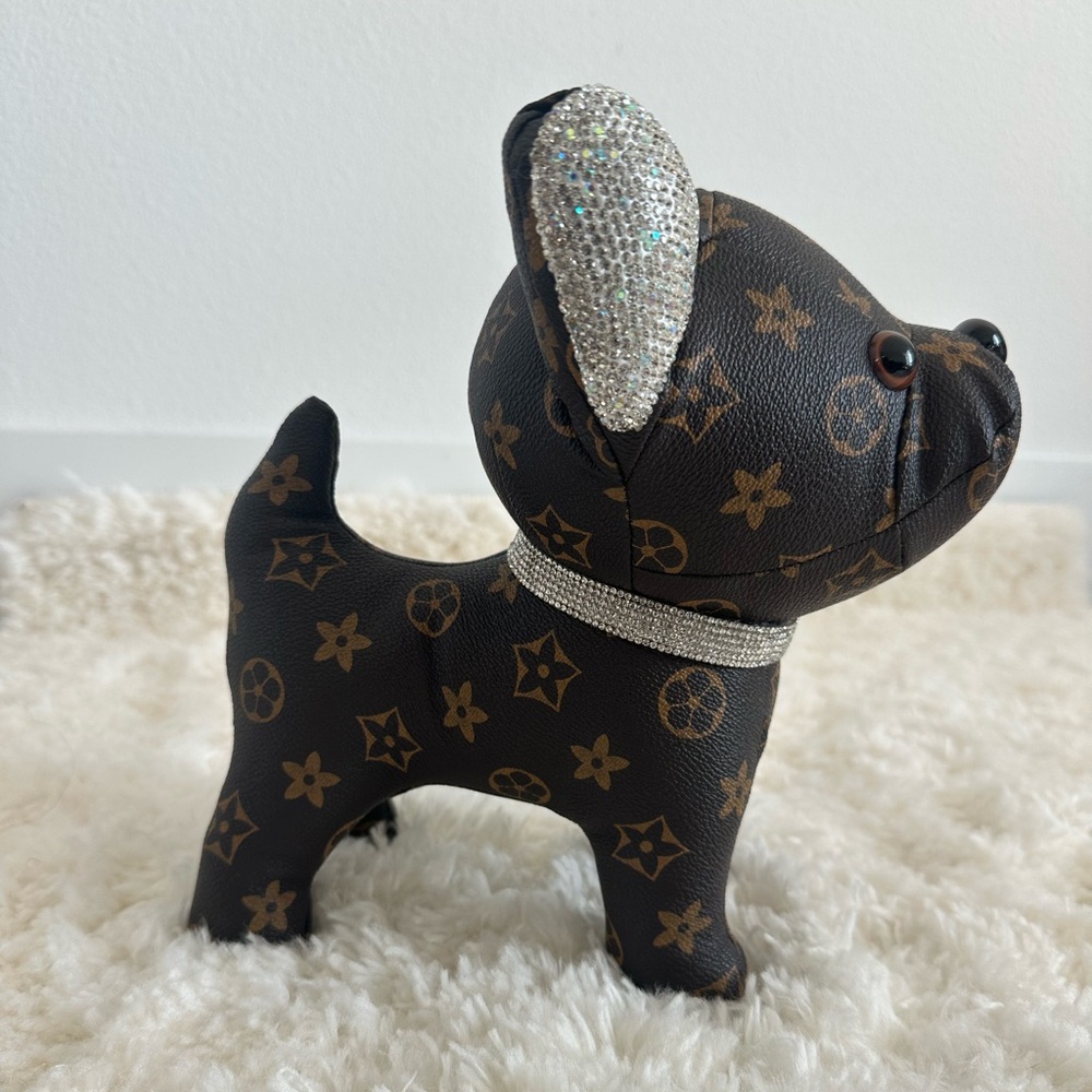 Designer-Style Brown Monogram Frenchie Dog Toy with Rhinestone Collar - Picture 4 of 4